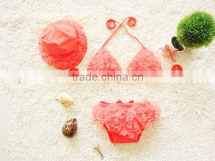 2015 Hot Sale Kids Bikini With Hat Soft Wear Children Swimwear For Girls Kids Swimwear