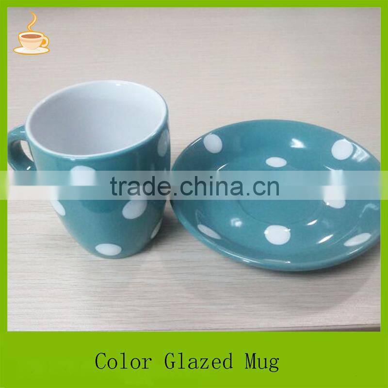 Samll size porcelain coffee mug with saucer set, black and green color glazed with white dots