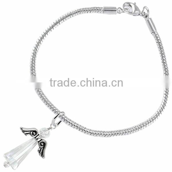 Silver Tone Winged And Genuine Aurora Borealis Crystal Angel Charm Chain Link Bracelet