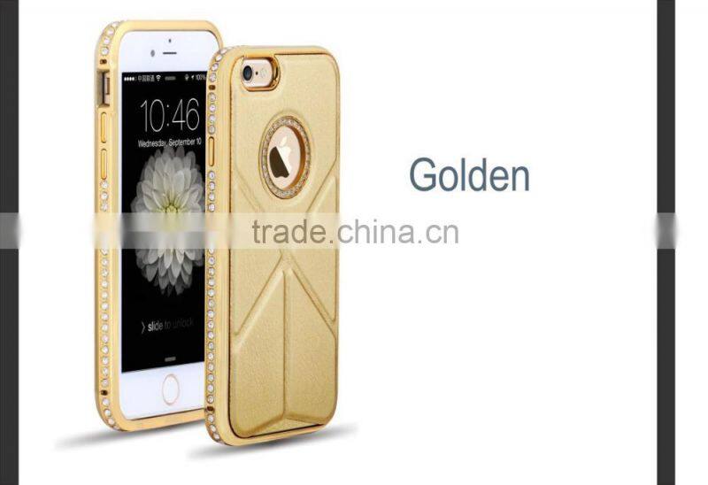 Luxury Plaid Pattern Cowhide Leather Back Cover with Kickstand Diamond Chrome Edged Bumper Hard Case for Iphone6 6plus