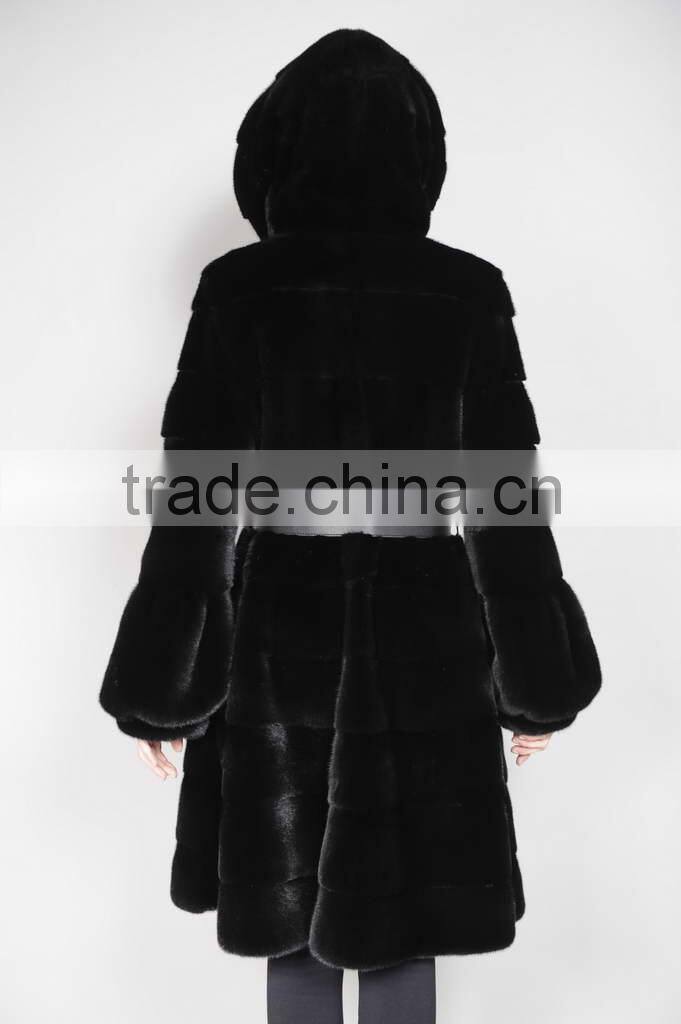 horizontal black mink fur coat with hood