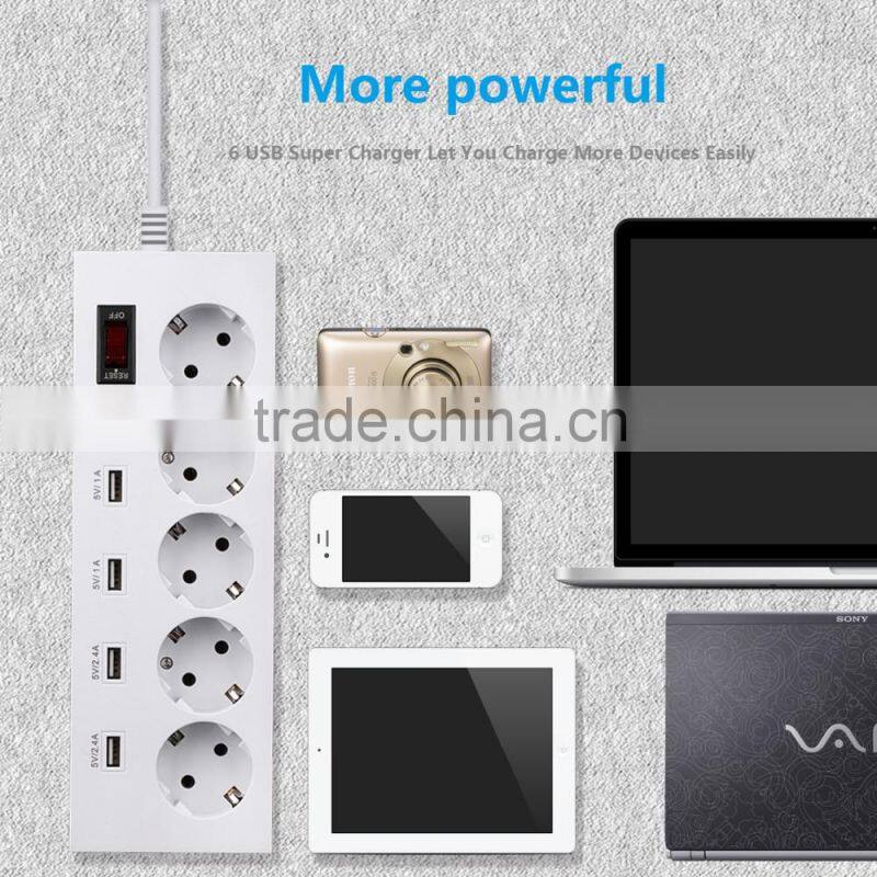 Euro standard 5 socket multiple outlet extension cord with usb slots child safety shutter