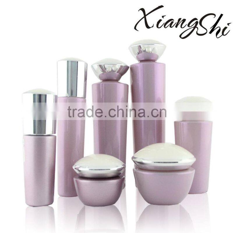 Pink elegant cosmetic bottle/jar for lotion with aluminum cap and spray