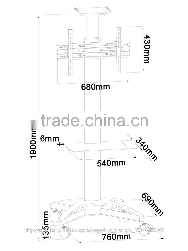 Height adjustable Black / silver Floor standing LCD LED TV Stand for 25-55 inches with projector tray and DVD tray