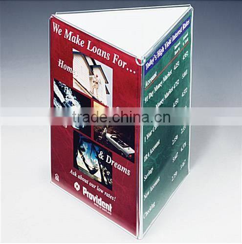 innovative triangle 3 faced clear table stand menu holder,acrylic menu holder,table menu holder manufacturer