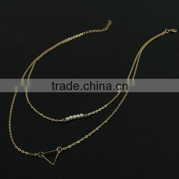 double layers thin simple gold long chain pearl necklace