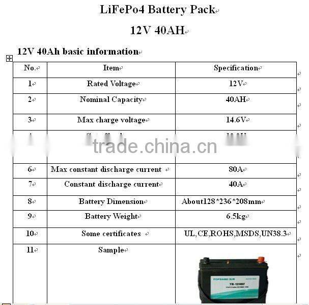 Topband hot sale!!!! rechargeable battery 12v 40AH +PCM protection China supplier TB-1240F