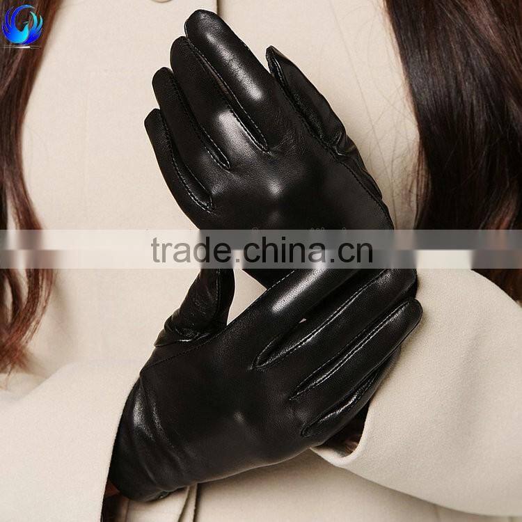 Factory custom wool lined ladies black tight sheepskin leather touch gloves