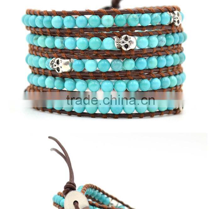 Alibaba Guangzhou Factory Direct Handmade DIY Turquoise Bead Wholesale Leather Wrap Bracelets
