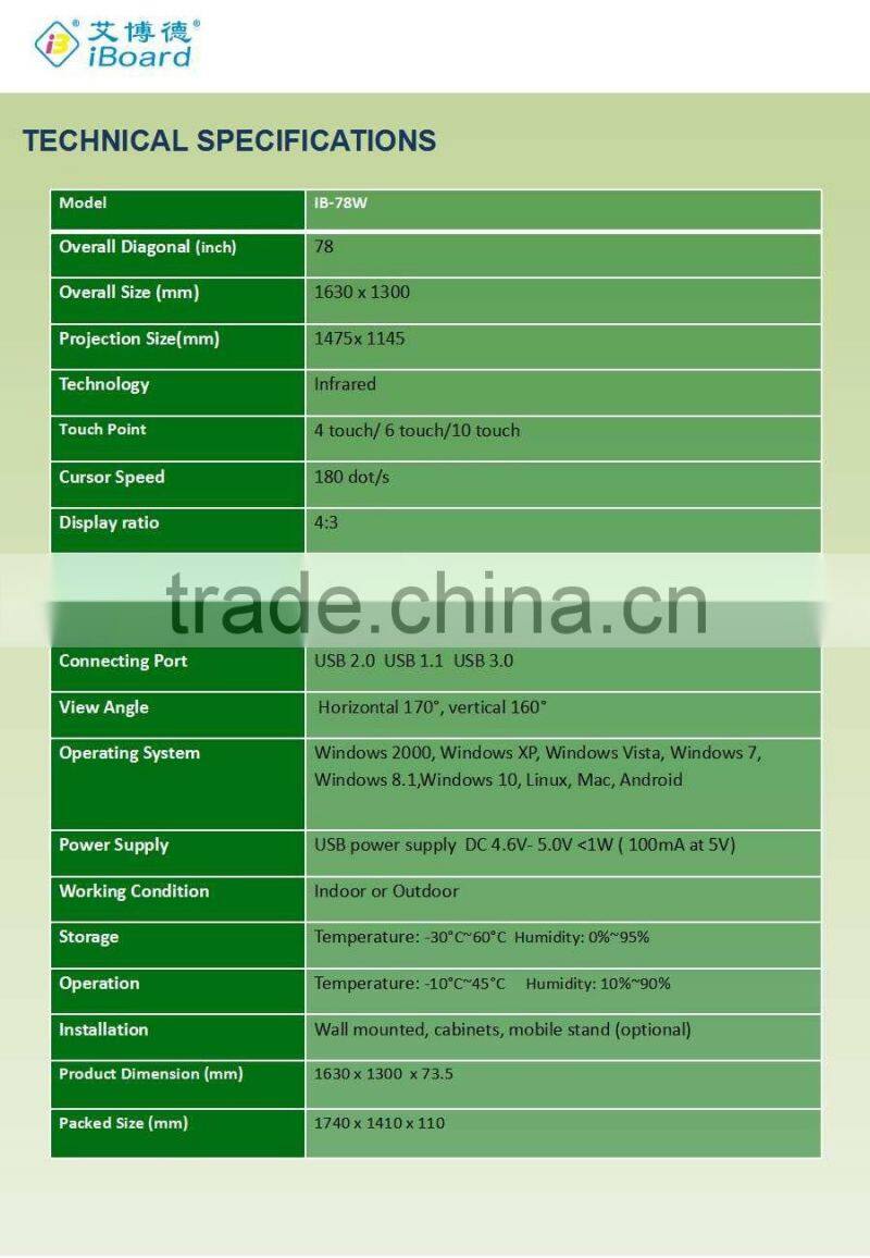 78"W Serise Interactive Whiteboard/IR Touch smart board