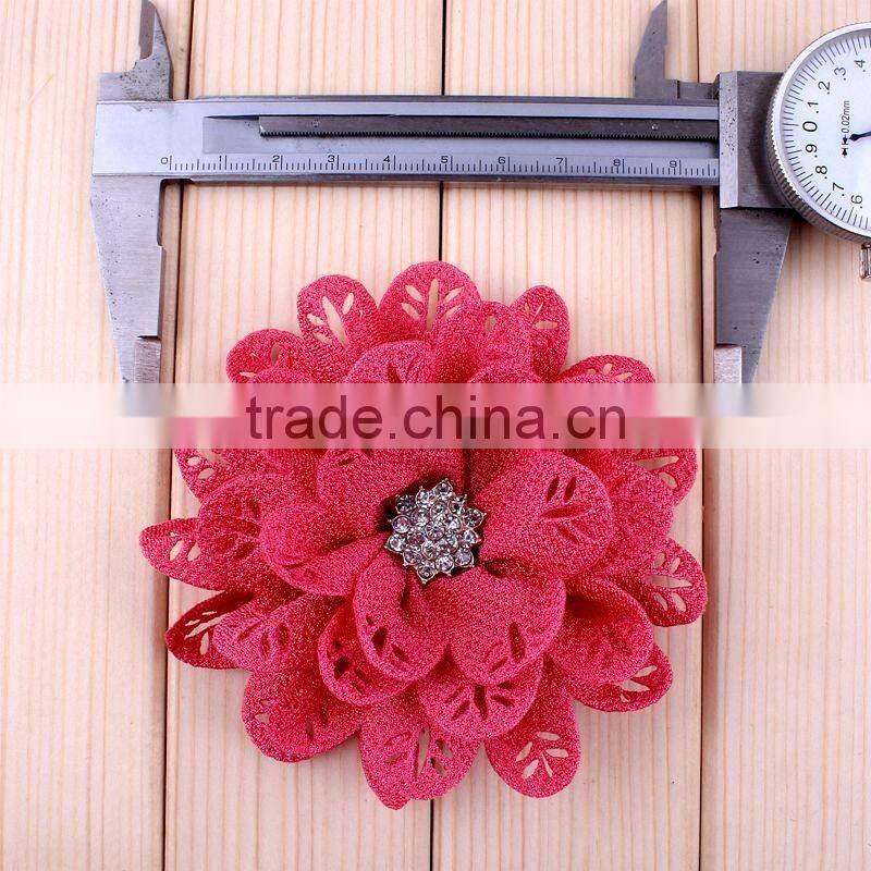 hot cutting fabric flower with rhinestone center for kids hair accessories