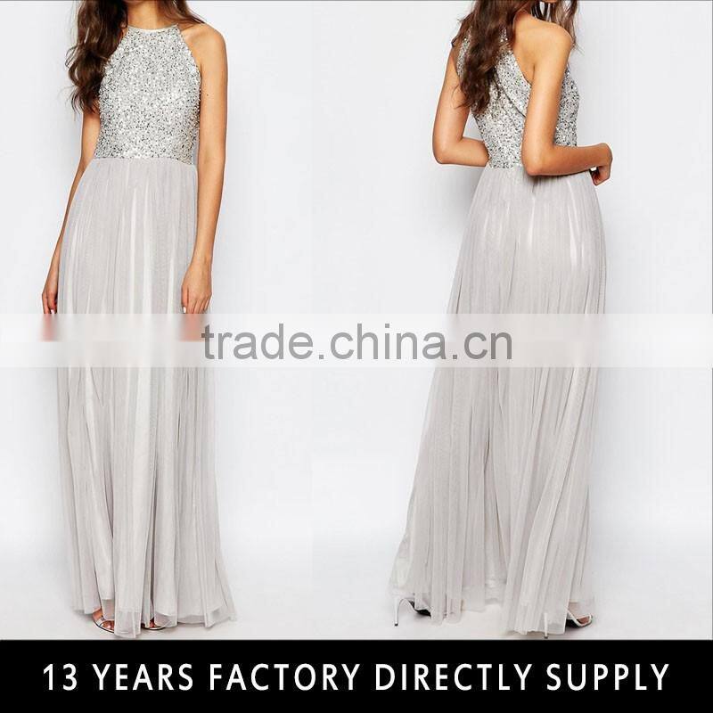 New japanese free prom silver sequin tube maxi chiffon dress