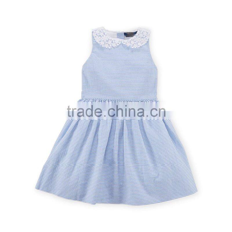 Children Girls Pretty Lace Collar Cotton Seersucker Dress HSD8069