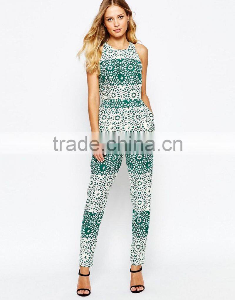 2015 fashionable hot sale OEM customized Mosaic Print Mariah Cross Back Jumpsuit