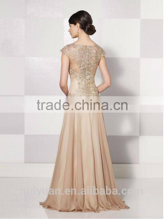 gold long round neck cap sleeve patterns of lace evening dress