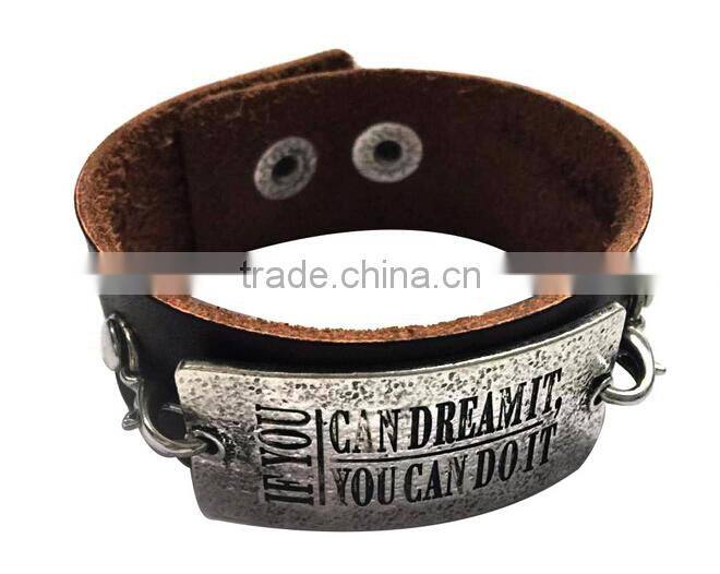 Brown/black color adjustable bracelets,inspirational words metal charm cuff bracelets,wide leather bracelet