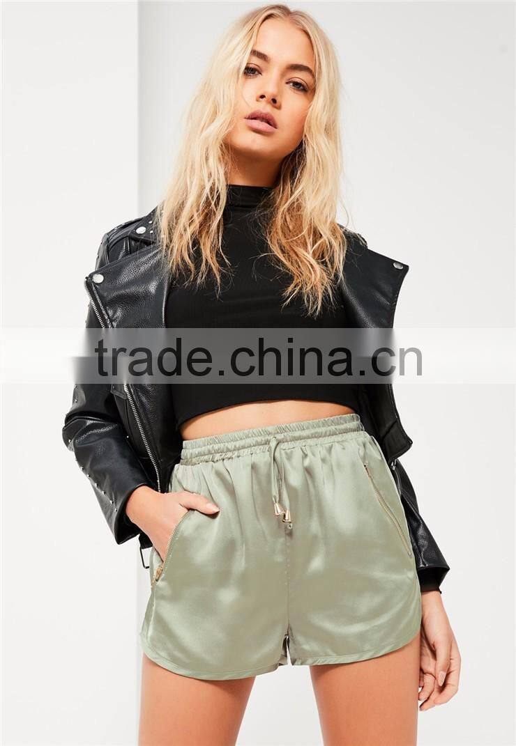 Sexy Women Boxer Shorts Green Silky Zip Detail Runner Shorts Womens Running Shorts Wholesale