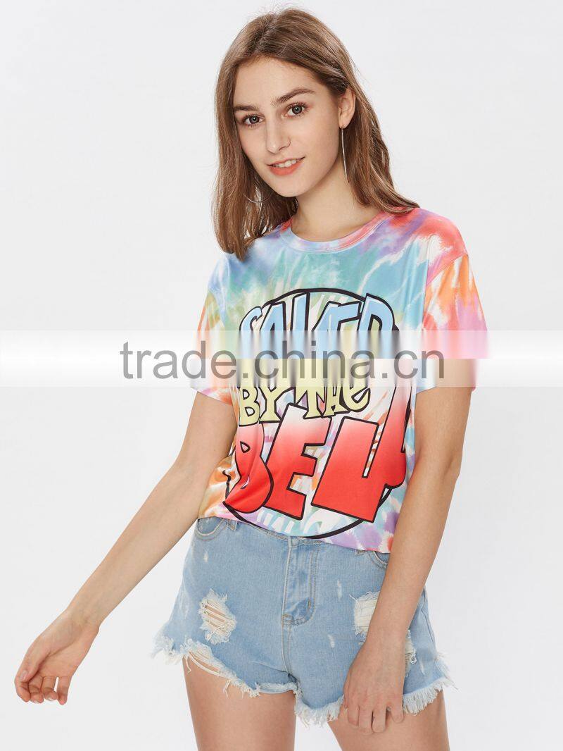 2017 Wholesale T-Shirt Tie Dye Drop Shoulder Rayon Stretchy Soft Tees Short Sleeve Printing Round Neck