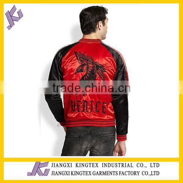 Embroidered Satin Bomber Jacket,sporty cool jacket,rib collar and sleeve cuff jacket