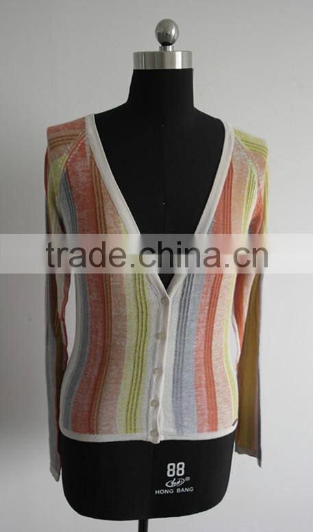 Ladies 100%cotton vertical stripe knitted cardigan sweater