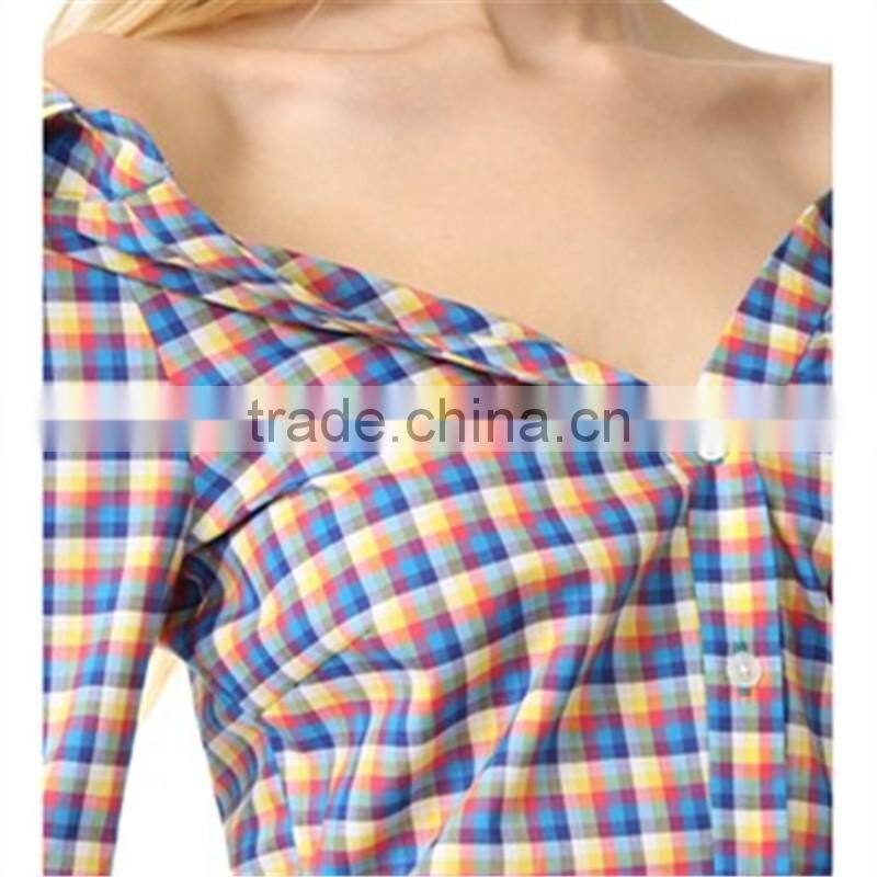 OEM Fashion Strapeless Neckline Horn Cuff Plaid Women Blouse