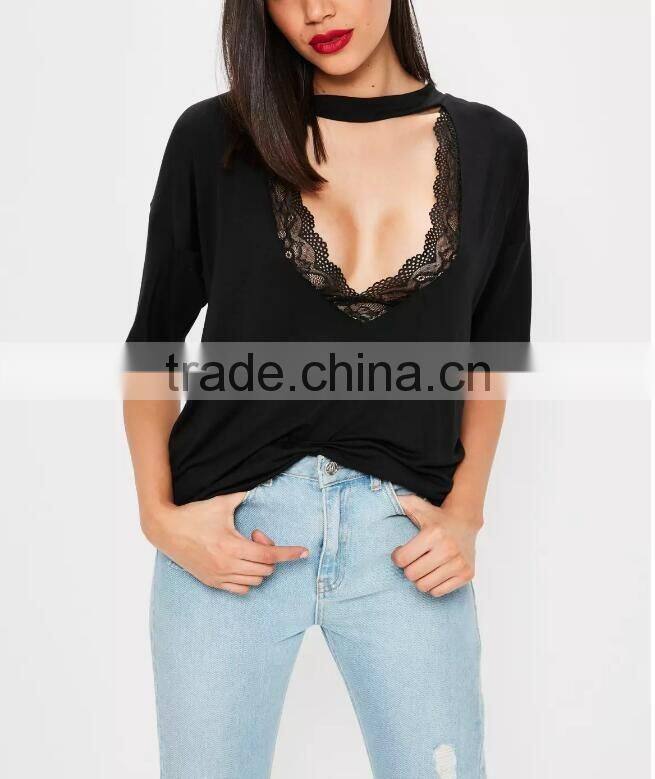 New summer fashion women Black Cut Out Choker Neck, Scoop Neck Letter T-shirt
