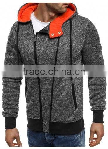 Men's dark grey and orange contast color zipper details hoodies