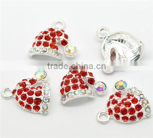 Silver Plated Red Rhinestone Christmas Santa's Hat Charms Pendants 19x18mm