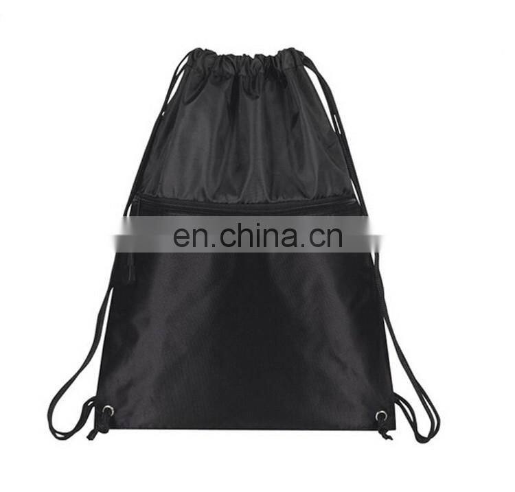 Black Polyester Drawstring Backpack with Zipper Pocket