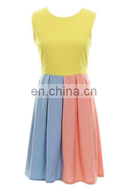 CHEFON Color Block Pleated Sleeveless modest casual dresses