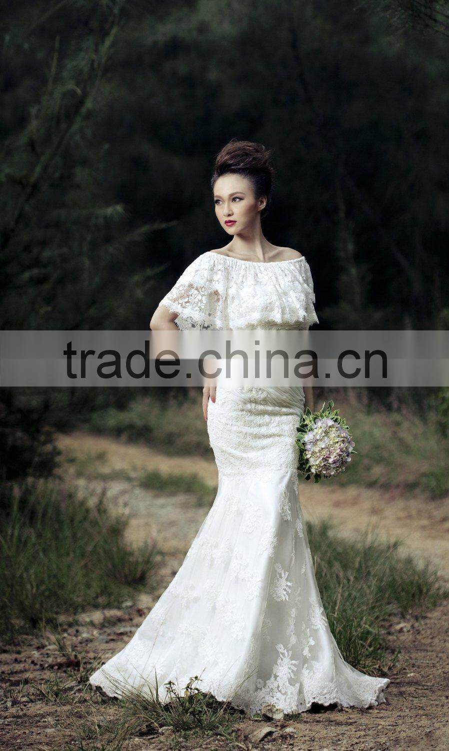 2014 New Arrival Mermaid Cross Criss cap Sleeve Wedding Dress with applique