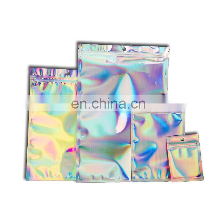 Low moq ready to ship mylar zipper transparent holographic glitter bags for makeup beauty sponge holographic packaging