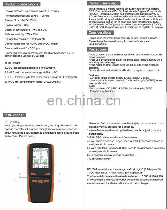 DM509 Handheld Indoor PM2.5 CO2 HCHO TVOC Temperature Humidity AQI Air Quality Monitor Detector