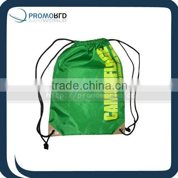 190 drawstring bag with leather corner polyester drawstring bag green color