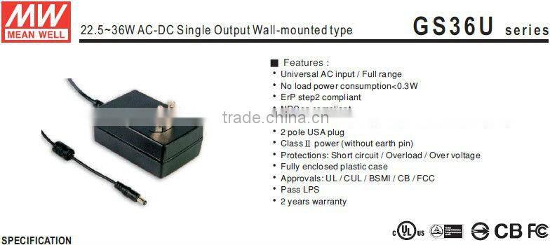 Meanwell GS36U05-P1J 22.5~36W AC-DC Wall-mounted type ac-dc switching power supply