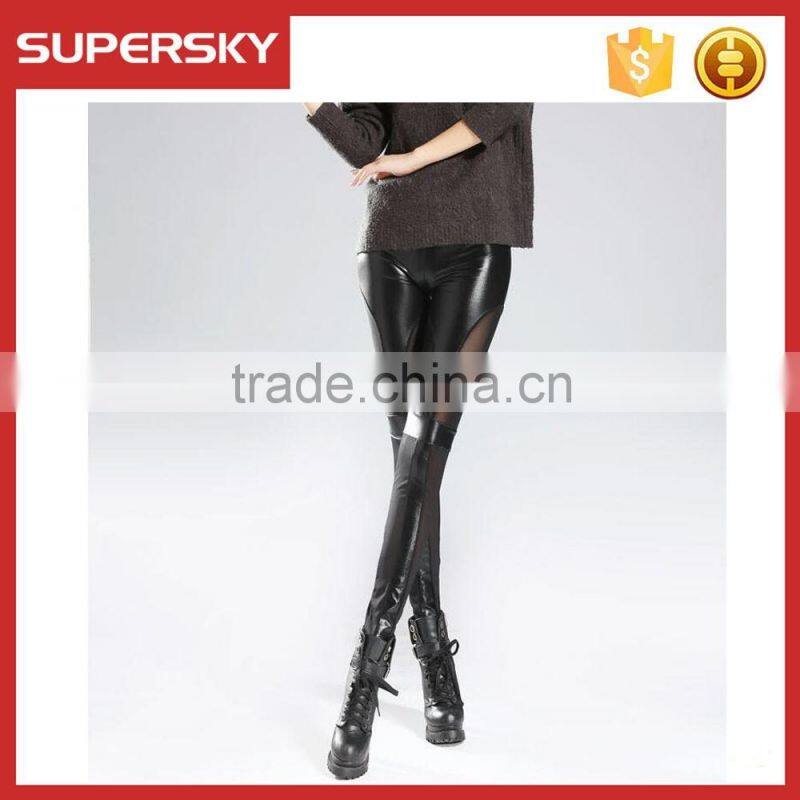 B432 Hot sale punk style net yarn meshed imitation leather splicing pants black sexy stretch leggings