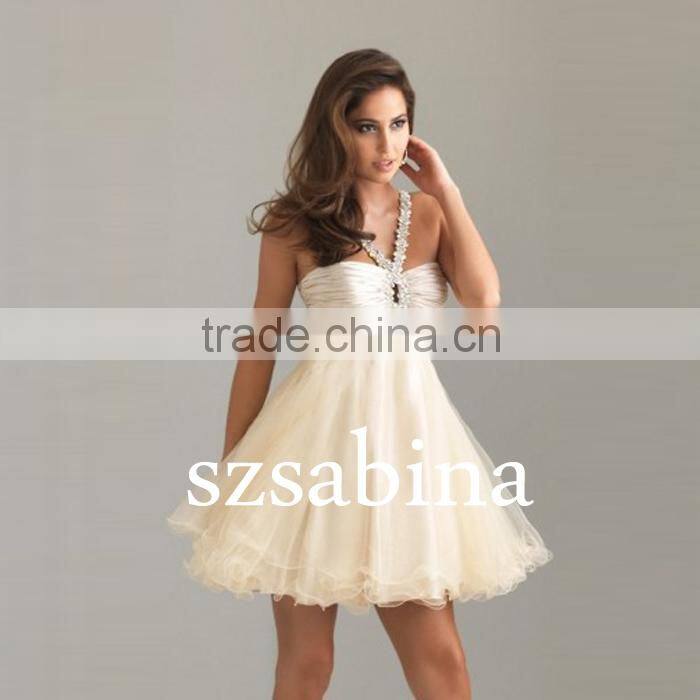 C0017 Rhinestone beads mini cocktail dress empire waist halter cocktail dress