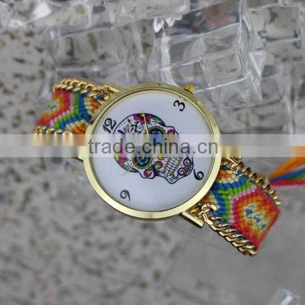 Wholesale woman Geneva watch , handmade braided band skull Geneva watch