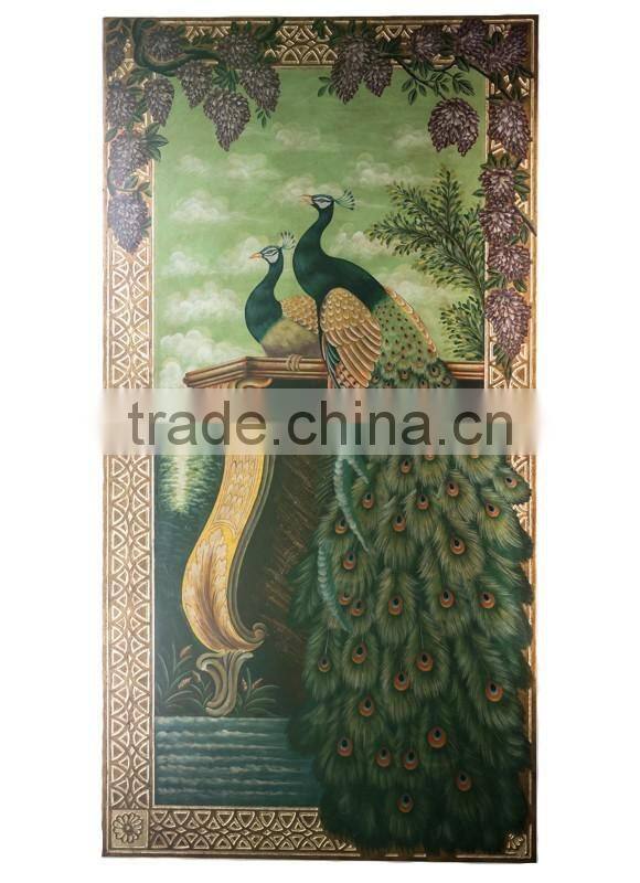 Hand Painted Peacock Pattern Wall Painting, Floral Art Painting Hanging Wall Picture, Solid Wood Carved Wall Art