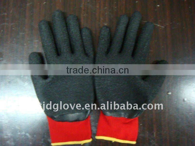 Welding Latex gloves . 13G Red Nylon with palm coated black Crinkle latex gloves , Knit wrist working safety gloves