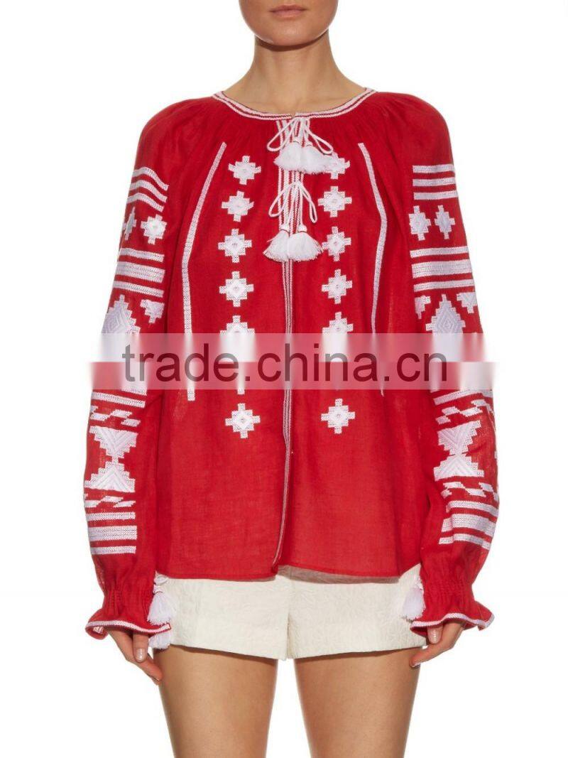 Boho Clothing Embroidered Cotton Mini Dress With Pom Pom Fringe 2016 HSD5810