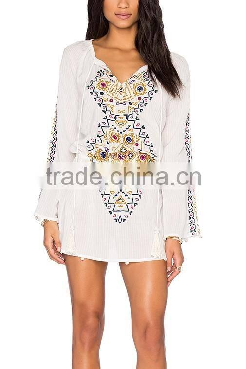 Boho Clothing Embroidered Cotton Mini Dress With Pom Pom Fringe 2016 HSD5810