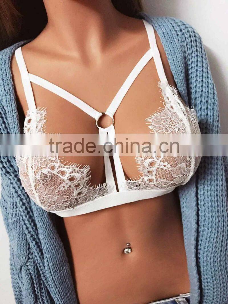 2017 new come summer woman crop top sexy girl bikini bra hollow out lace sex lingerie transparent