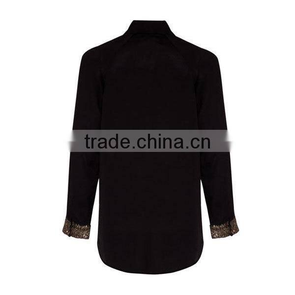 Tops Ladies Rayon Long Sleeve Black Sequin Cuff shirt blouse