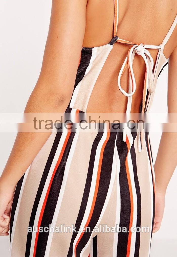 2016 Fashion Ladies Camel Crepe Striped Nice Jumpsuit