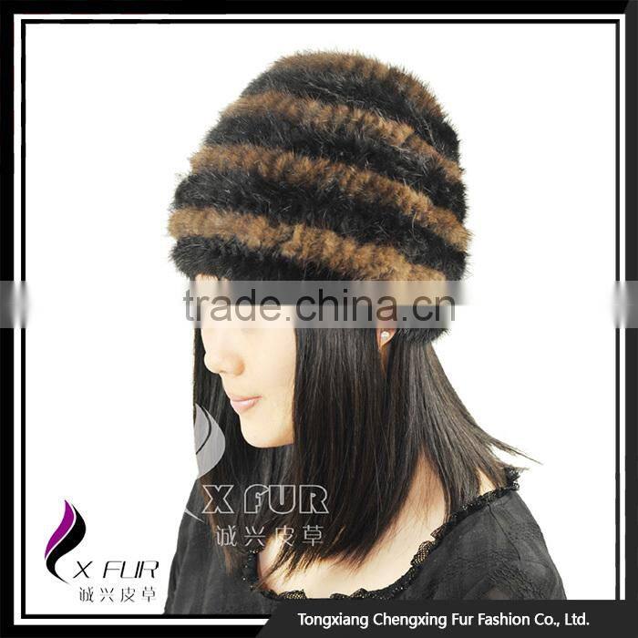 CX-C-36F Cheap Fur Hat Striped Knitted Women Mink Fur Hats