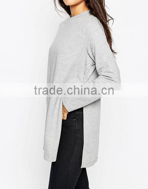 Latest women longline side splits crewneck plain sweatshirt wholesale