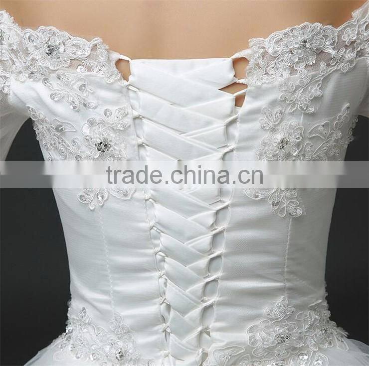 MGOO Off Shoulder Short Sleeve Shinny Beaded Lace Hem A-line Floor Length Wedding Dress Crisscross Back