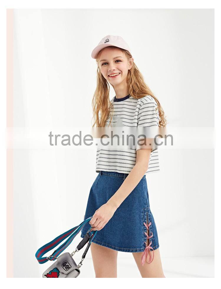 Slim Soft Elastic Girl Short Sleeve O-neck Crop Top t-shirt 100% cotton wholesale striped t-shirt
