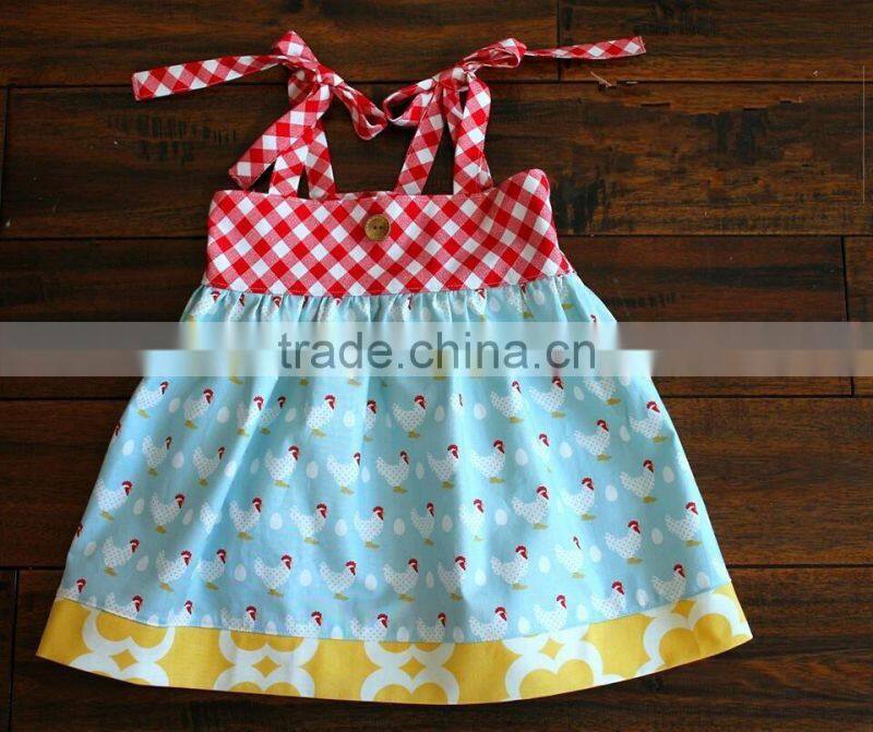 Wholesale Kids Boutique Dress Girls Grid Cotton Lace Dress Children Cute Hen Chicken Dress